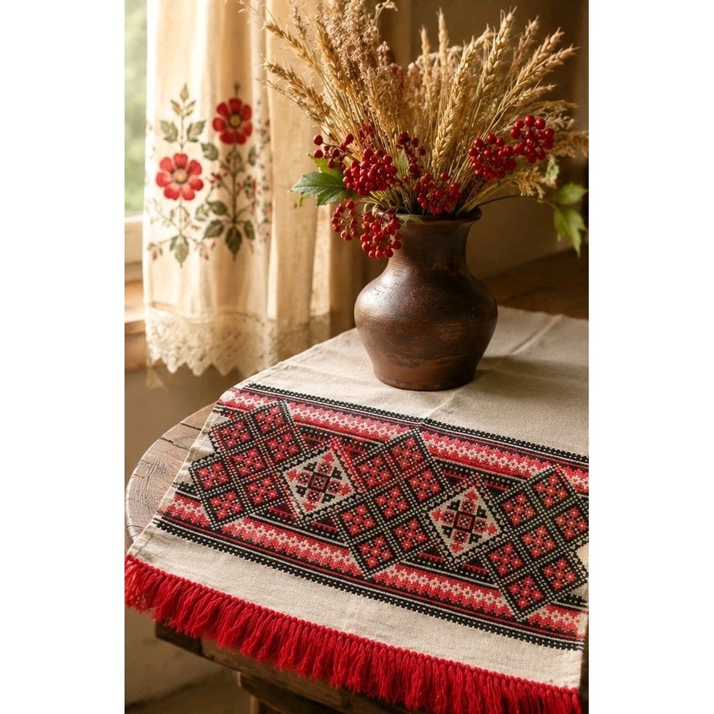 Vintage Ukrainian Rushnyk Embroidered Linen Towel, Red & Black Cross-Stitch Art